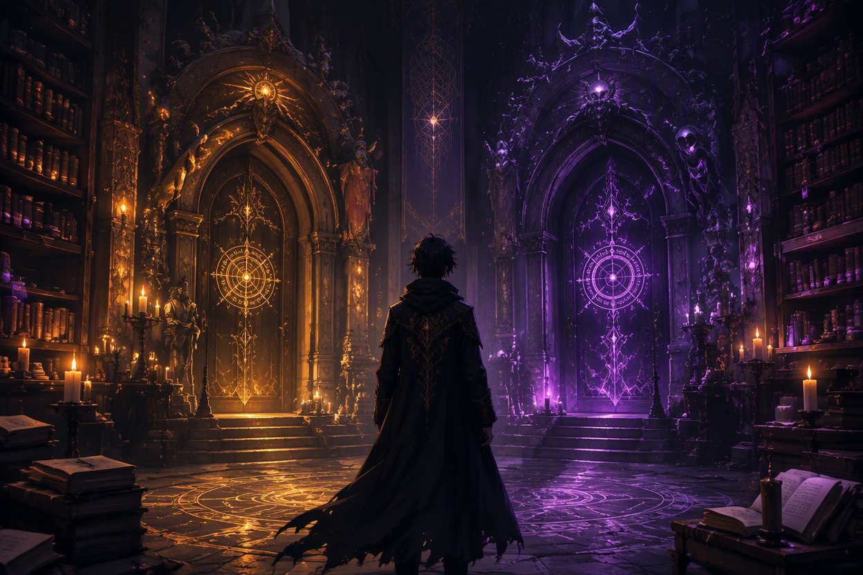Original anime visual novel scene in a candlelit occult library, one original protagonist facing two mysterious doorways, warm gold and deep violet lighting, clear choice-point composition, no UI, no readable text, no watermark