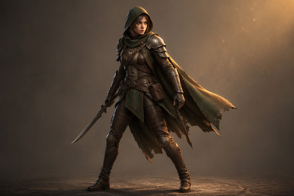 A full-body original 3D fantasy scout OC with layered leather and metal armor, readable material surfaces, dynamic stance, warm rim lighting, clean minimal background, single character