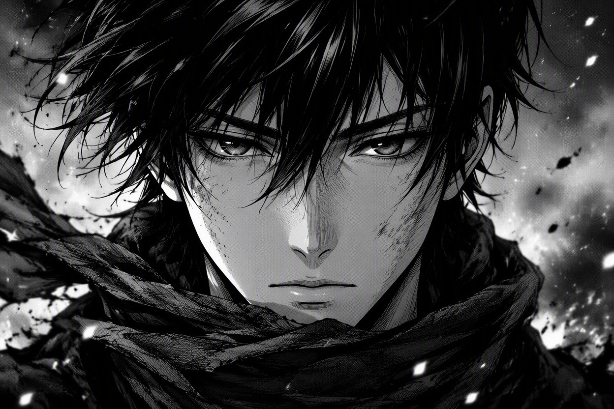 one original monochrome manga heroine standing beneath neon-lit rain at night, coat and hair moving gently, cinematic low-angle composition designed for subtle animation, crisp bla