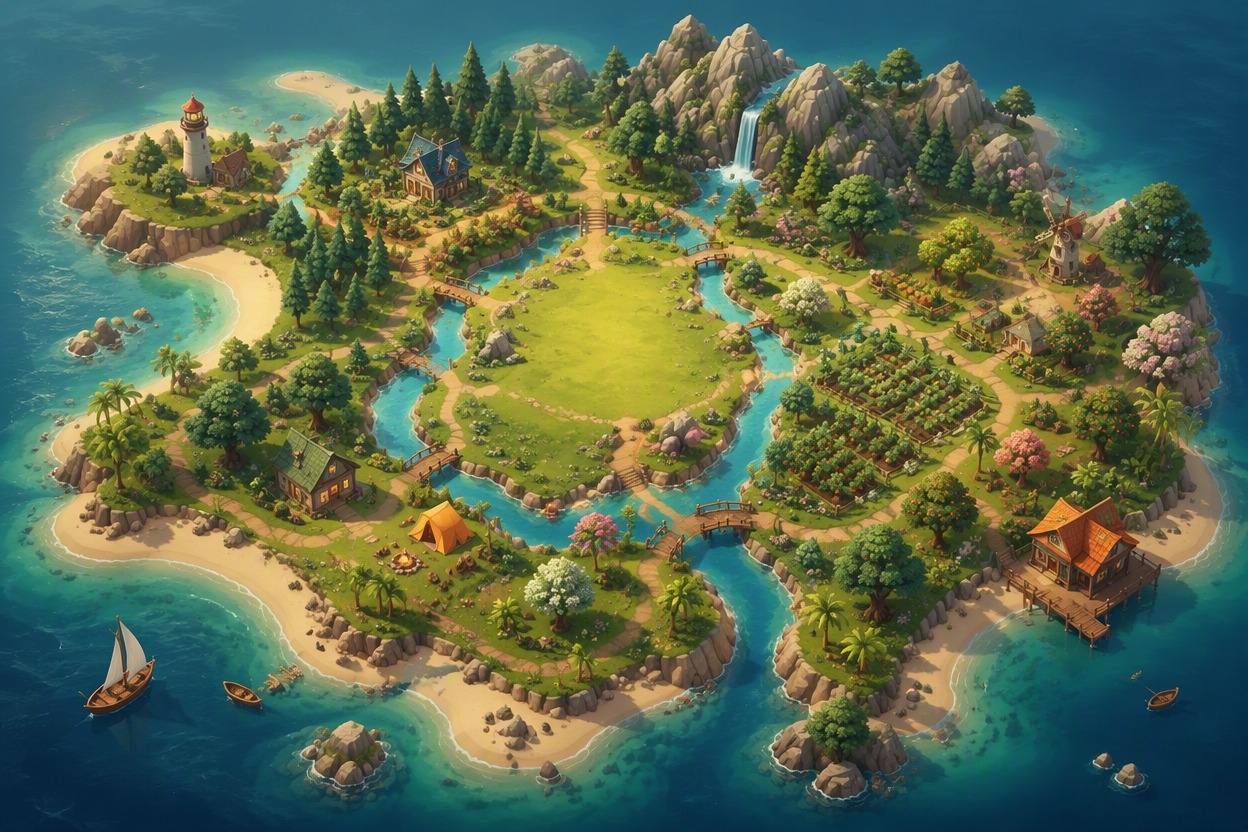 a cinematic illustrated travel map from an elevated top-down view, winding route from a seaside city through forest and mountains to a glowing destination, tiny travel marker, rich