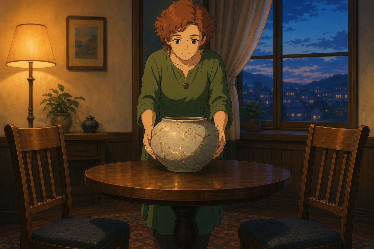Japanese anime woman sets a repaired ceramic vessel between two empty meeting-room chairs