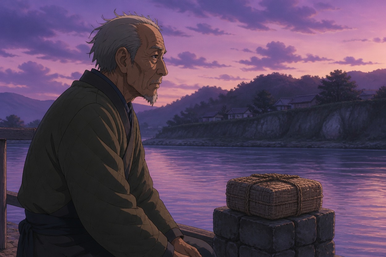 Japanese anime older ferryman seated beside a woven parcel at a violet river