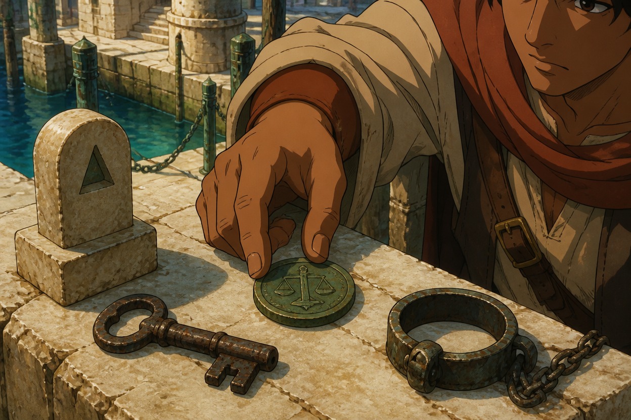 Anime courier reaching for a bronze treaty token beside a stone seal, old key and shackle