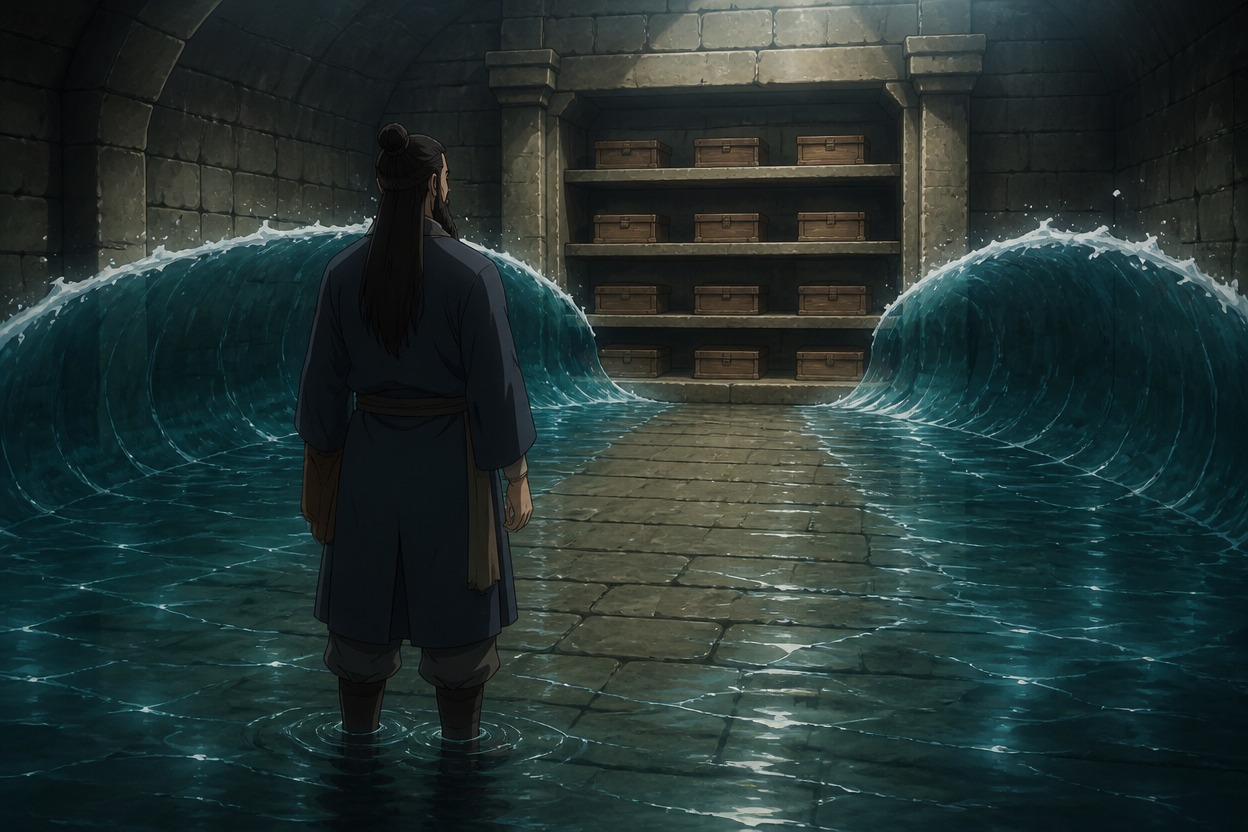 Anime custodian parting water toward storage shelves