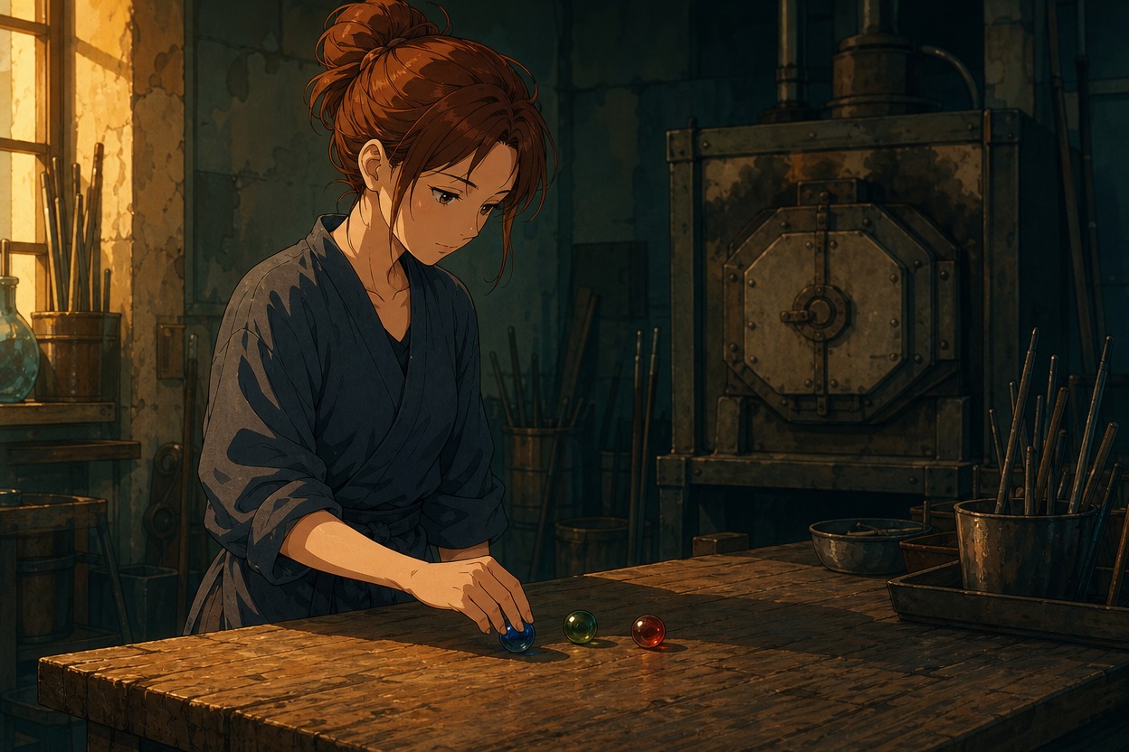 Anime glassworker arranging colored marbles near a closed furnace