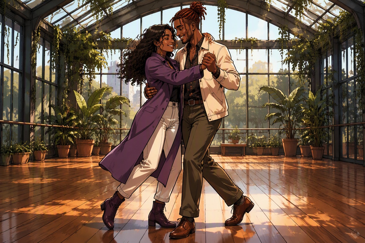 Two original adult comic characters sharing a warm hug and playful dance beneath festival lanterns