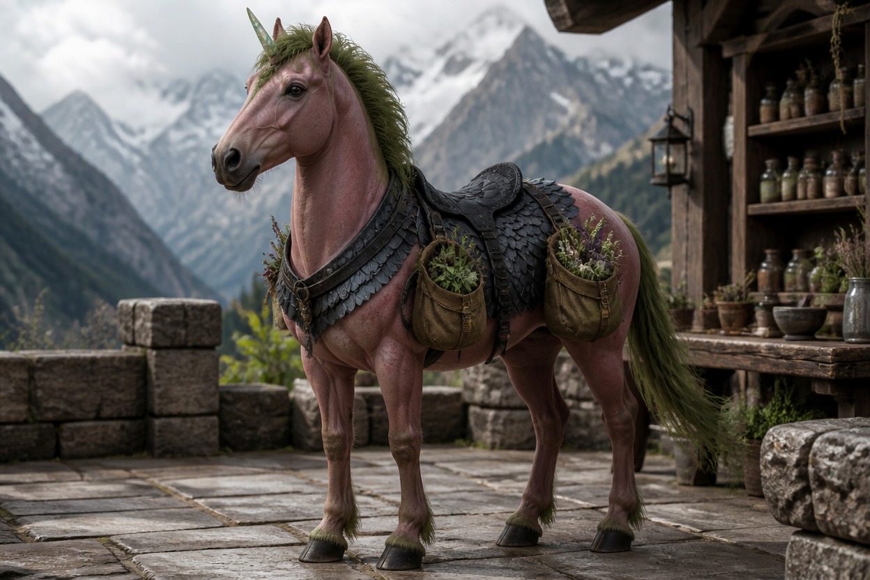 Mature dusty-rose fantasy horse apothecary with crystal horn, obsidian scale saddle, and herb panniers on a mountain terrace