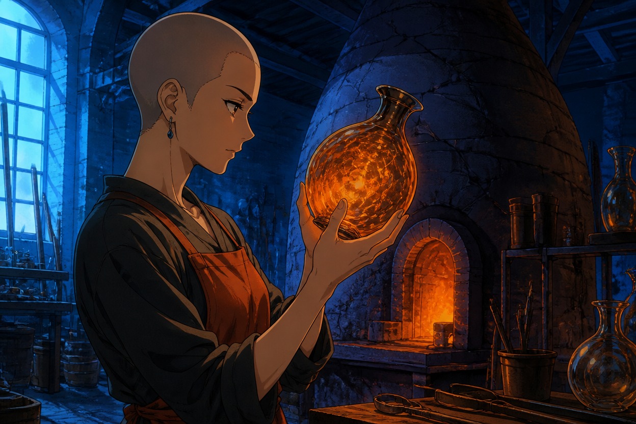 Japanese anime shaved-headed glass artisan holds an amber vessel in a blue-lit brick studio