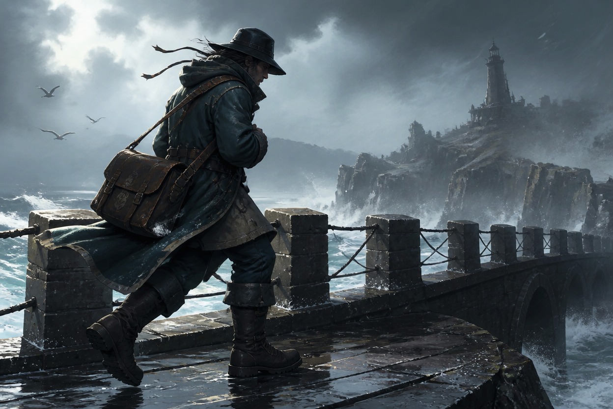 Adult courier in layered waterproof clothing crossing a coastal bridge with a plain satchel