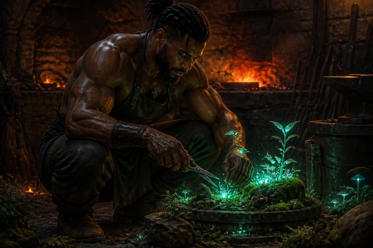Original muscular blacksmith tending a tiny glowing garden after work