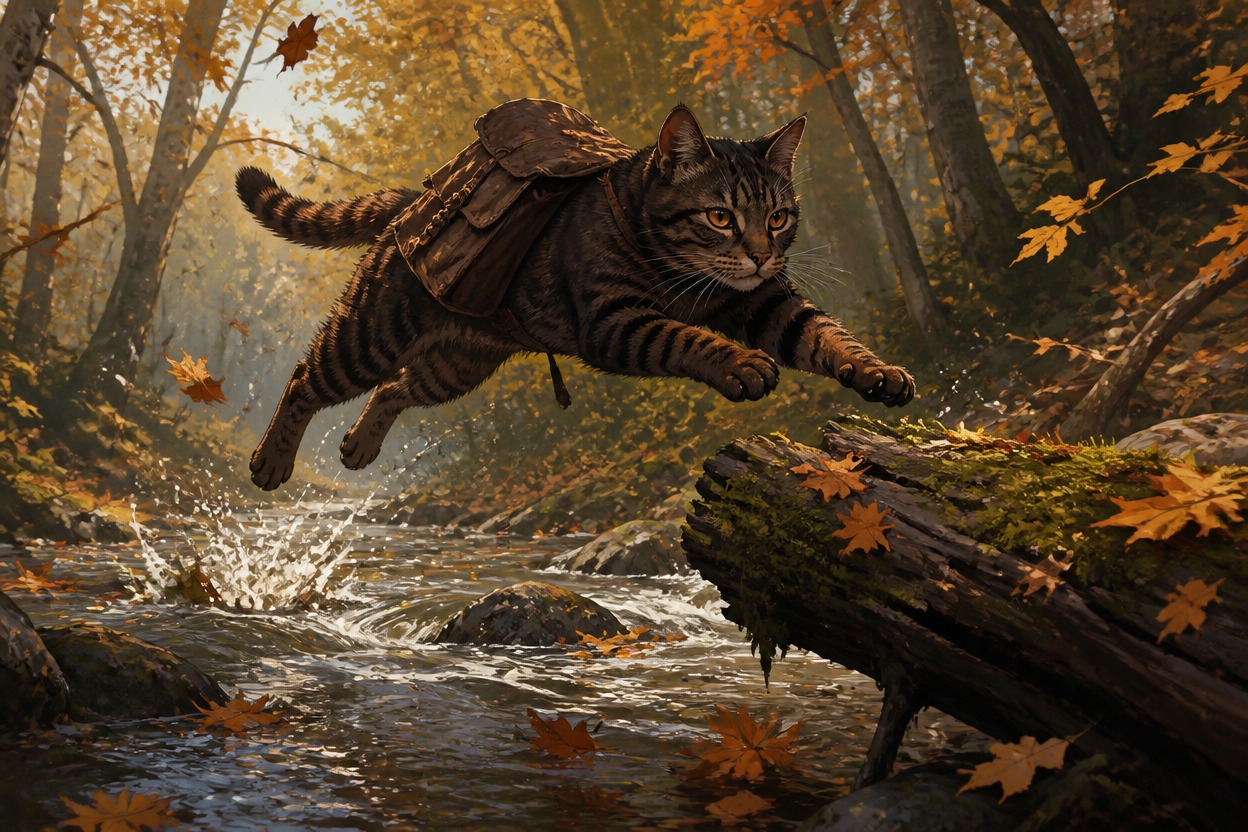 An original adult tabby forest cat leaping over a stream