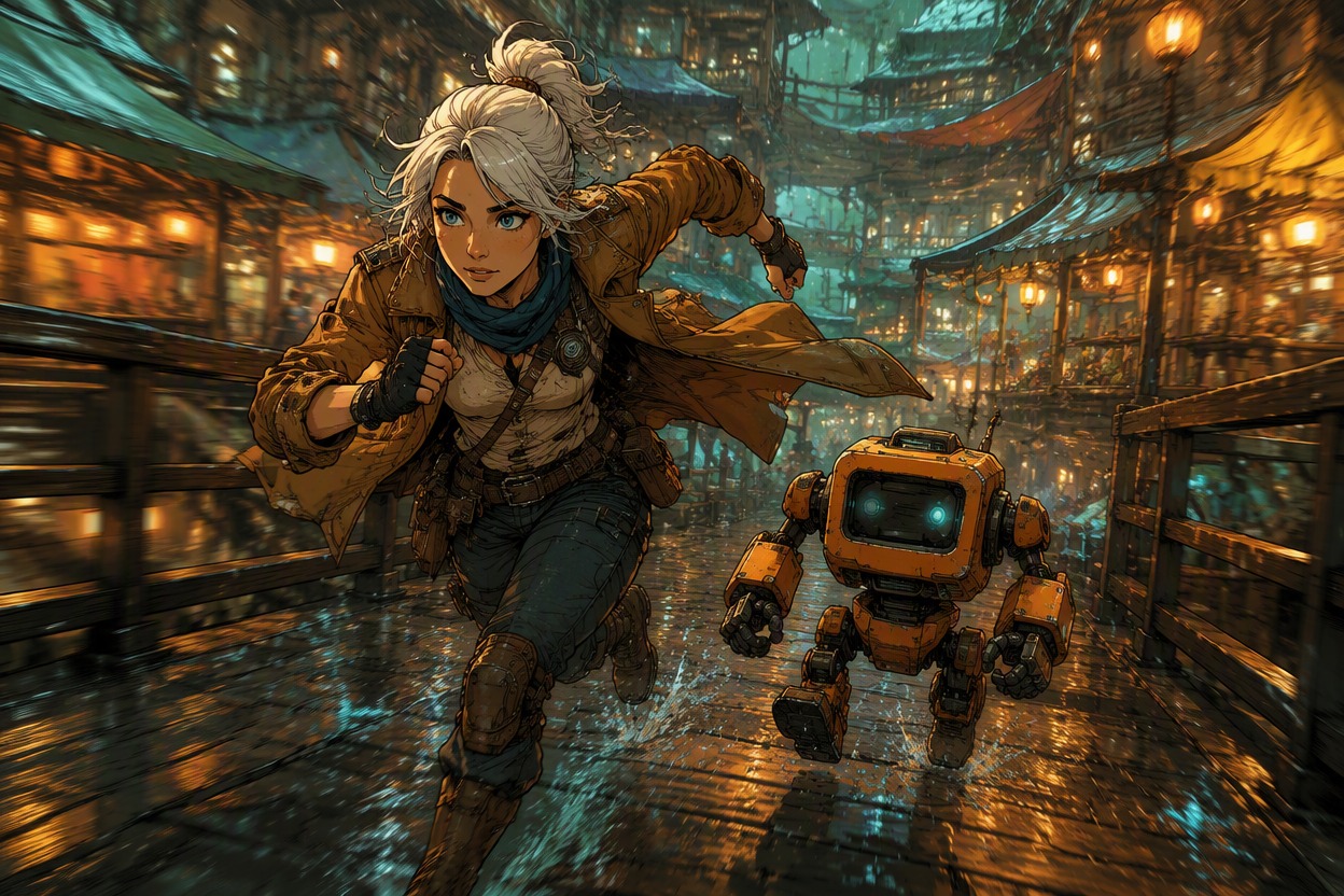 Original silver-haired adult adventurer and compact orange utility robot sprinting through a cinematic rain-lit market