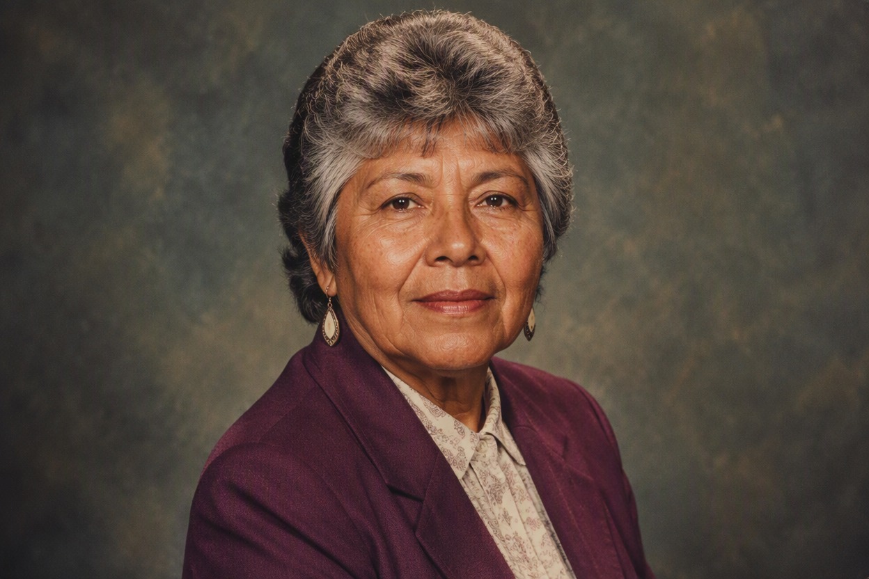 One clearly fictional older adult Indigenous Latina woman, age about 67, with short feathered gray hair, warm brown skin, plum blazer and ivory patterned blouse, posed for a nostalgic studio yearbook portrait