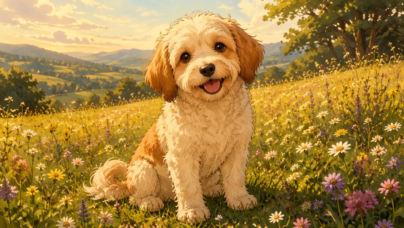Whimsical hand-painted anime-style pet portrait in a flower meadow