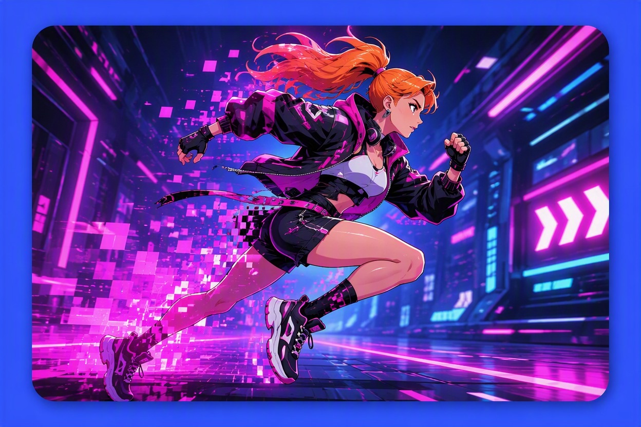 Original glitch-themed cyber character with pixel distortion and neon signal effects