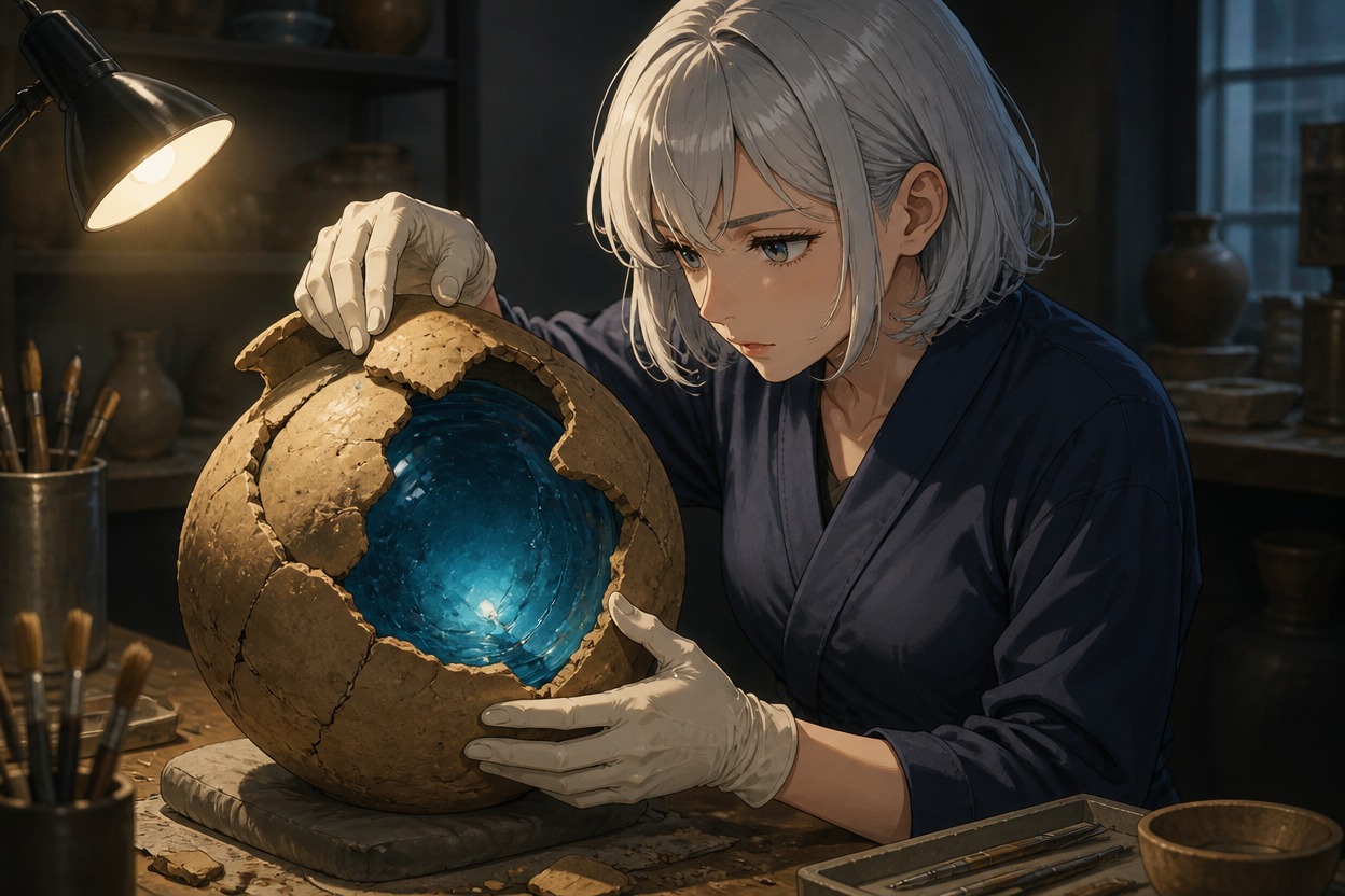 A silver-haired conservator examines a cracked clay vessel revealing a blue glass core
