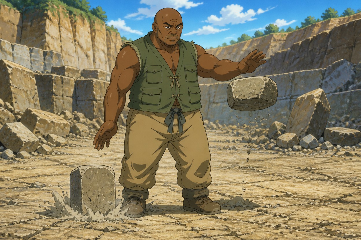 Anime bald quarry worker levitating a stone block