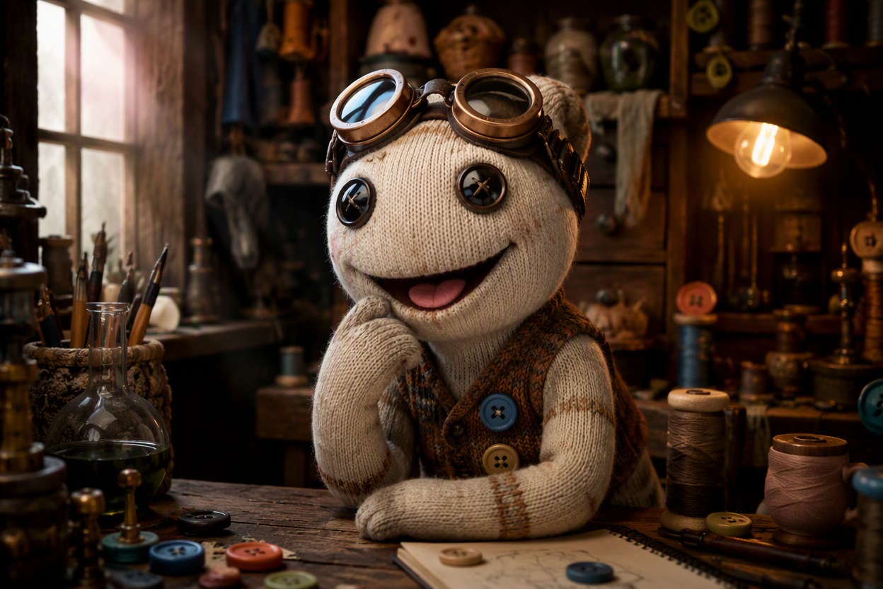 One original sock puppet inventor character with button-like decorative details, oversized goggles resting on head, knitted vest, playful expression, craft-table mood, polished character portrait