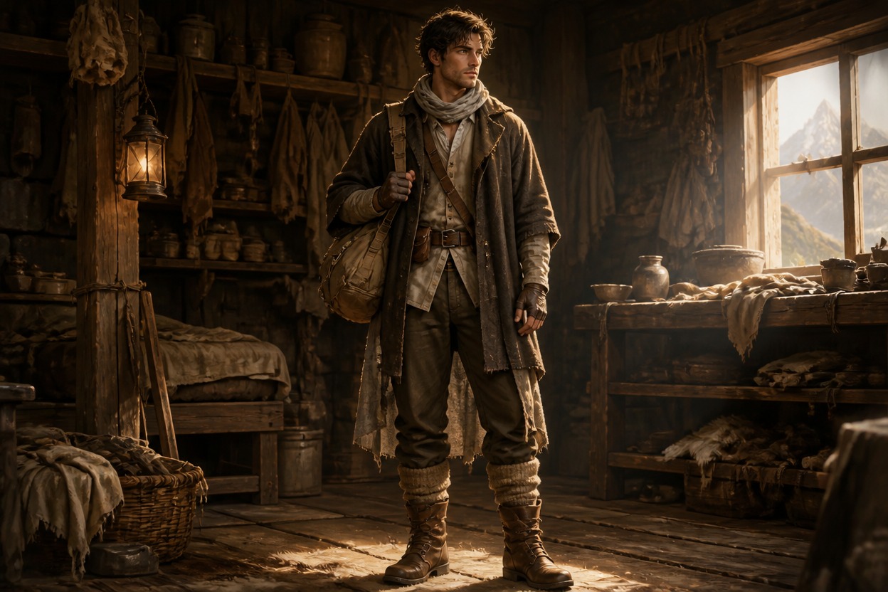Original adult character wearing layered wool, linen, and leather clothing in a mountain workshop