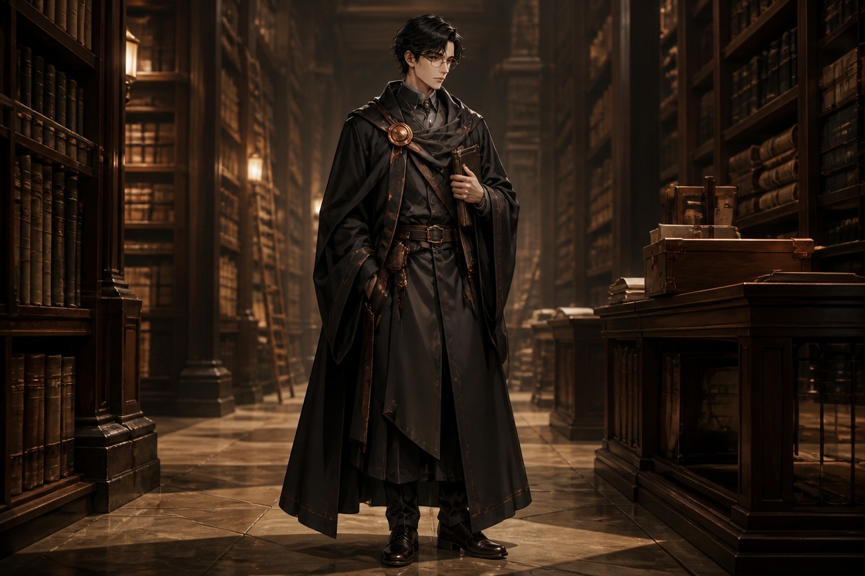Adult archivist in structured dark layers with a copper clasp in a quiet warm library