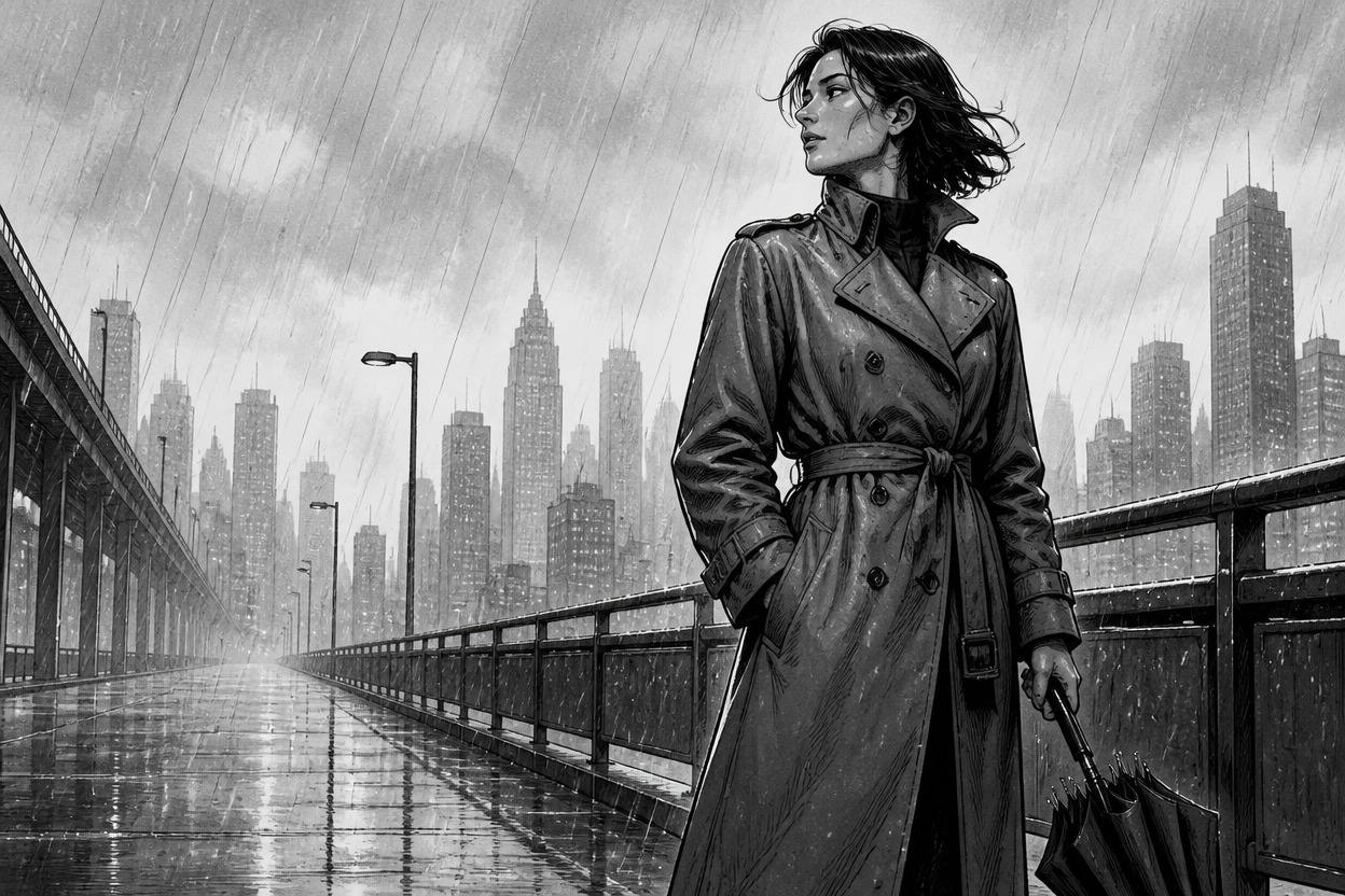 Mulher desenhada em nanquim com um guarda-chuva fechado em uma passarela elevada sob a chuva