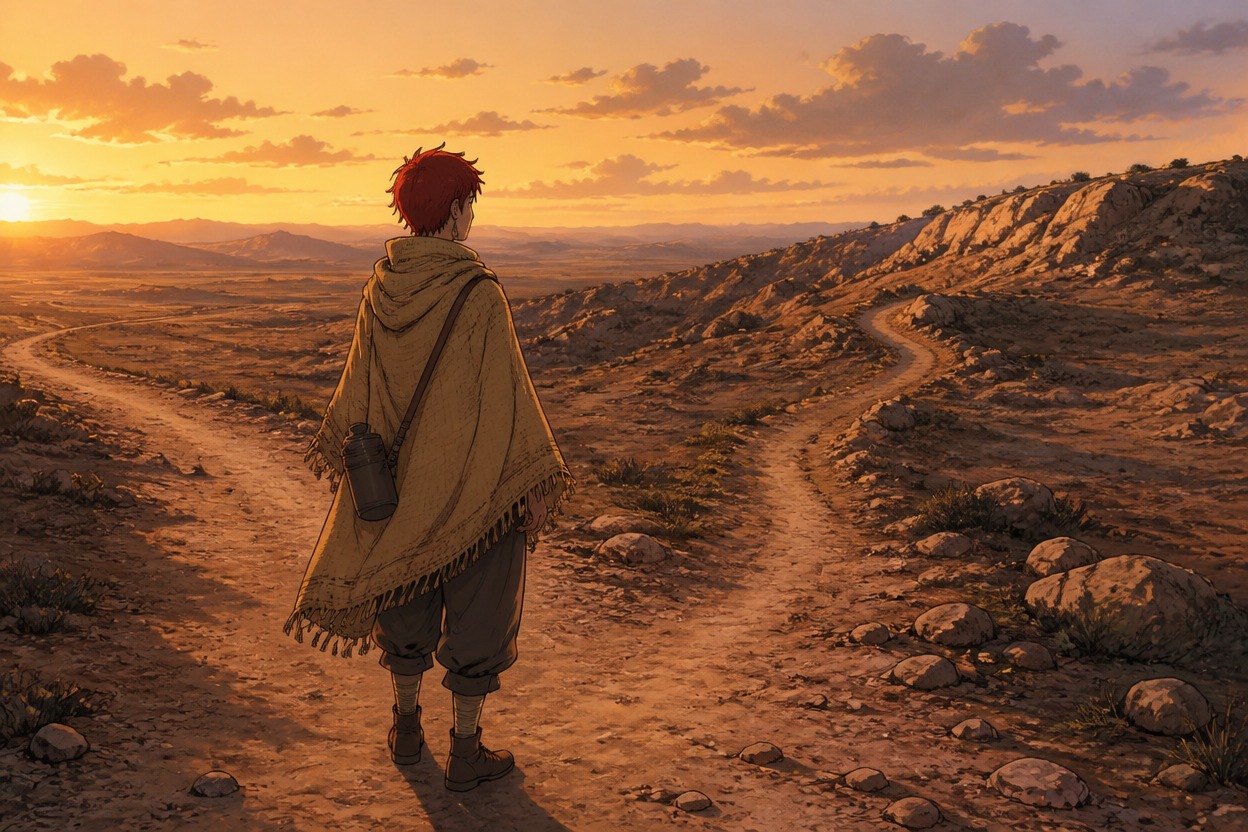 Anime red-haired traveler pausing at a rocky desert fork