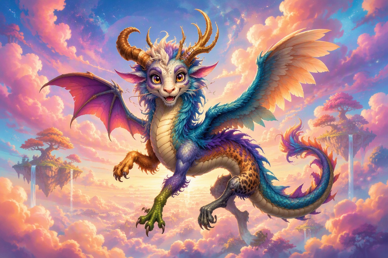 One completely original whimsical fantasy chimera, long serpentine body, mismatched original horns, one feathered wing and one batlike wing, varied paws and hooves, expressive frie