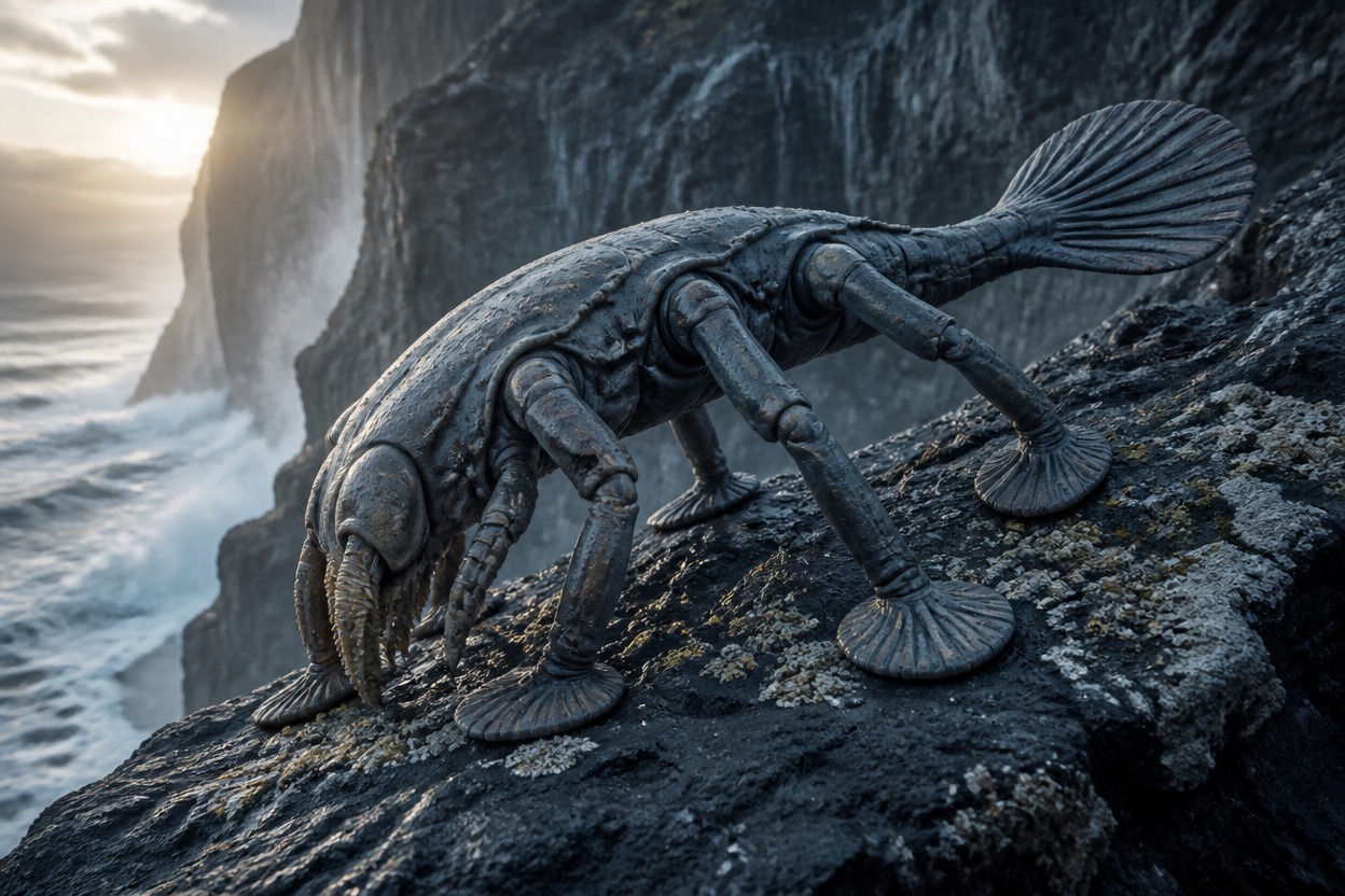 Fully developed six-limbed cliff grazer crossing a basalt shelf above the sea