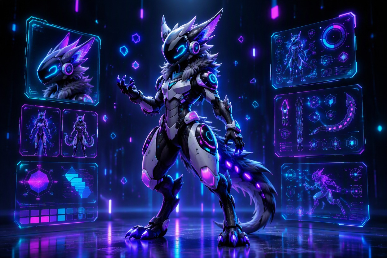 Create Profile and Sheet Views: Protogen OC maker capability illustration, page-specific visual example, polished anime or cartoon character concept art as appropriate, clean composition, no panels, no readable text, no logo, no watermark