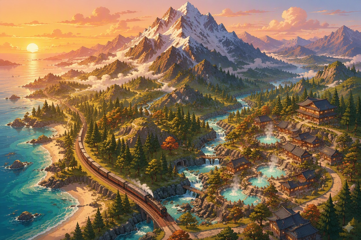 A lush illustrated mountain travel map with river, railway, village, forest, hot springs and snow peak, route marker flowing through the landscape, cinematic sunset palette, single