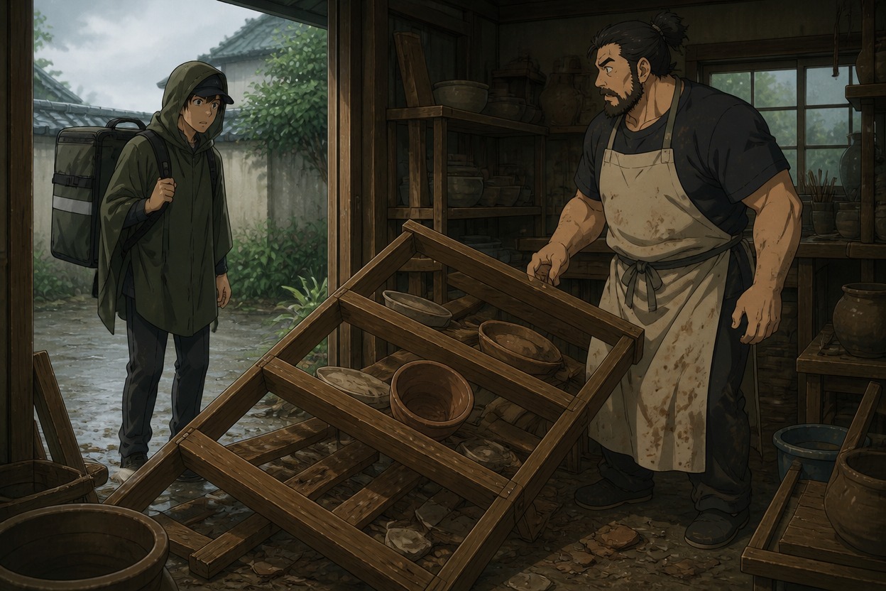 Japanese anime courier with an olive delivery backpack faces a ceramicist across a fallen pottery rack