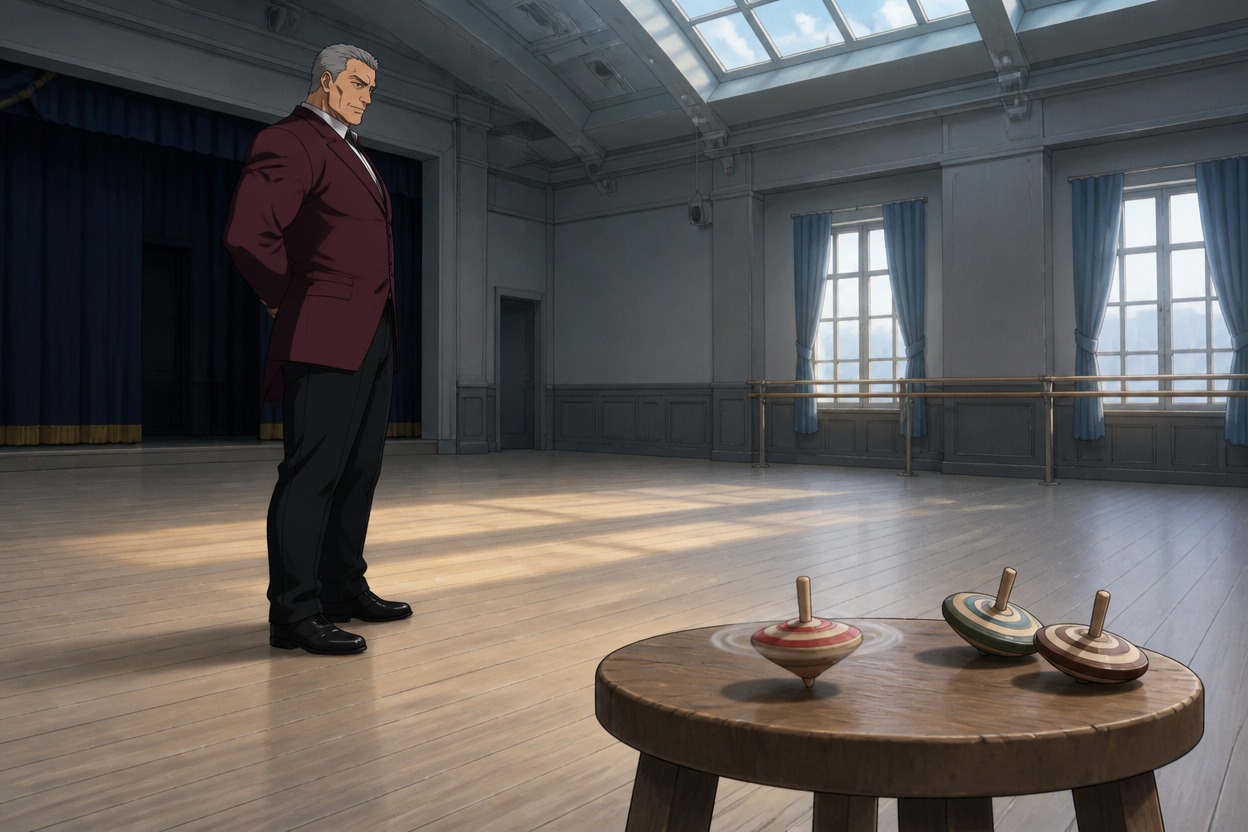 Recepcionista de anime de cabelos grisalhos observando piões de madeira em uma sala de ensaio