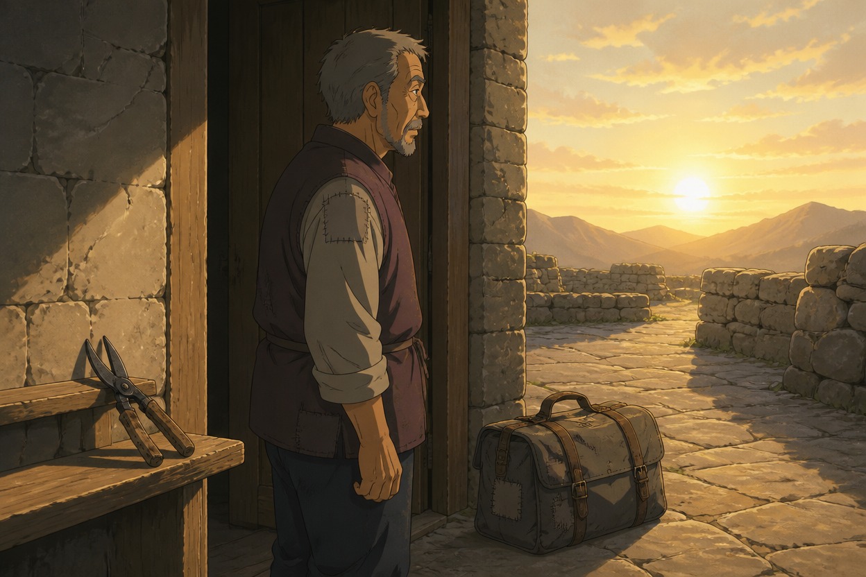 Japanese anime gray-haired caretaker in a plum waistcoat beside a repaired travel satchel