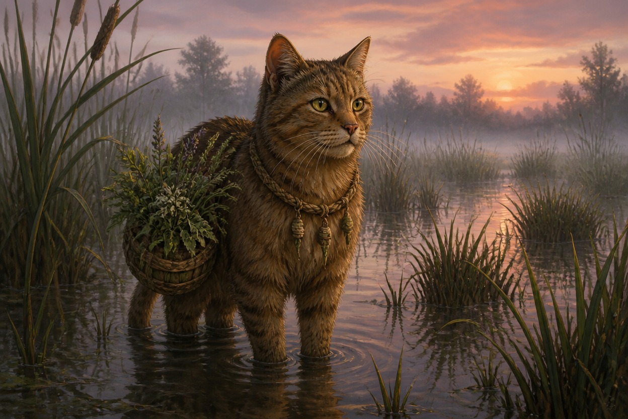 An adult marsh cat with a compact silhouette, reed cord, and medicinal leaves in dawn mist
