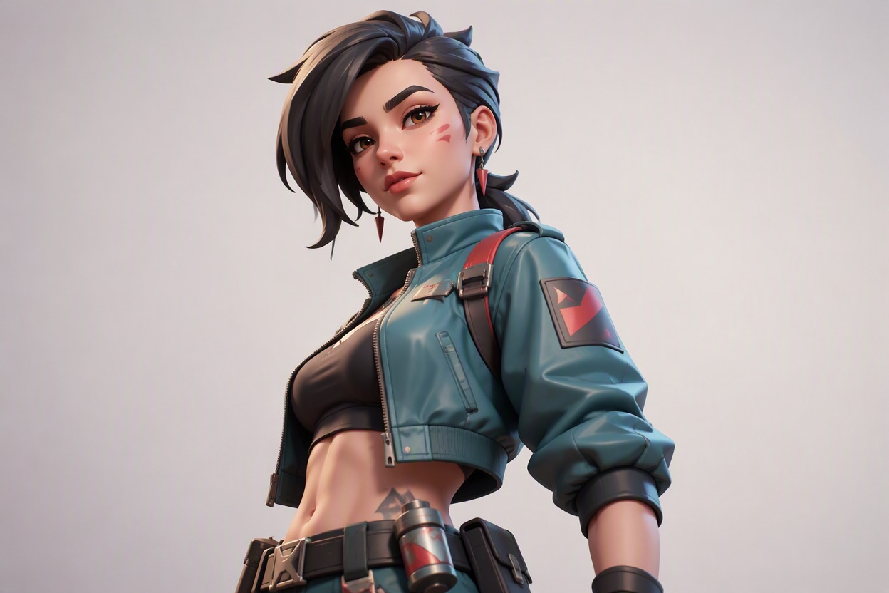 A stylish original 3D urban game avatar with cropped jacket, utility accessories, expressive face, profile-ready framing, glossy cel-shaded materials, simple light background