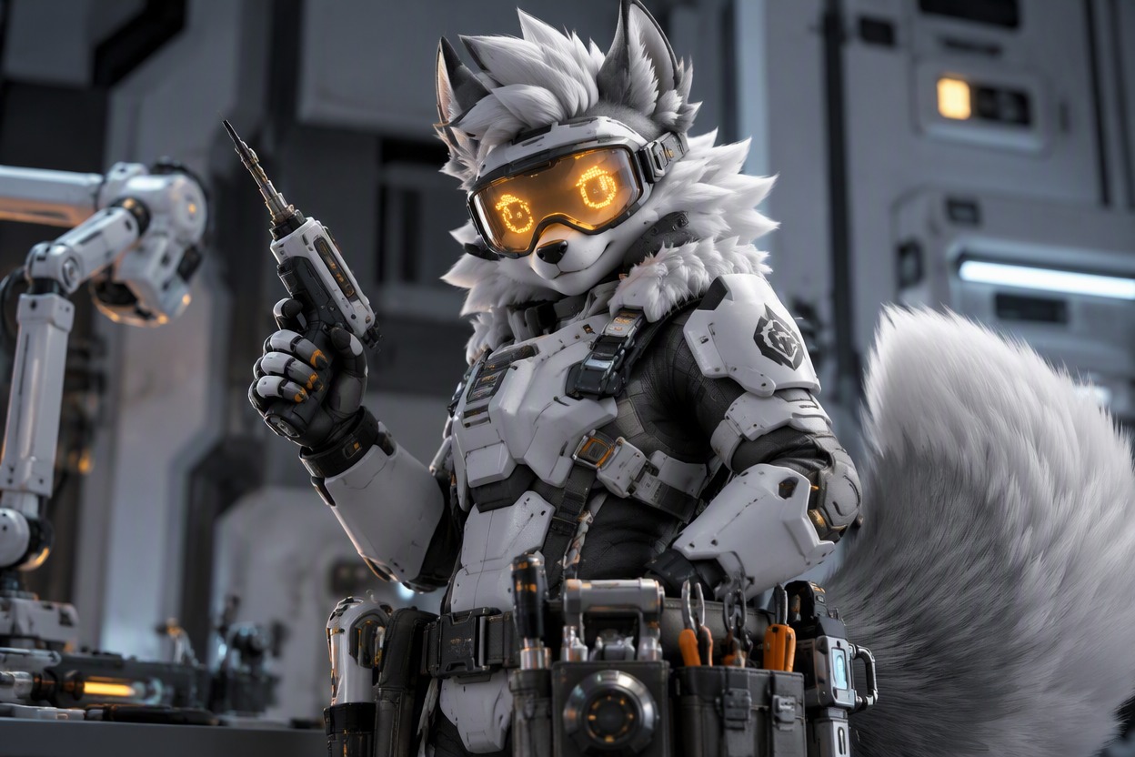 One original white and gray cyber furry repair specialist, amber visor expression, modular tool belt, insulated armor panels, fluffy tail, calm three-quarter portrait, clean futuristic character concept art, no text, no logo, no watermark