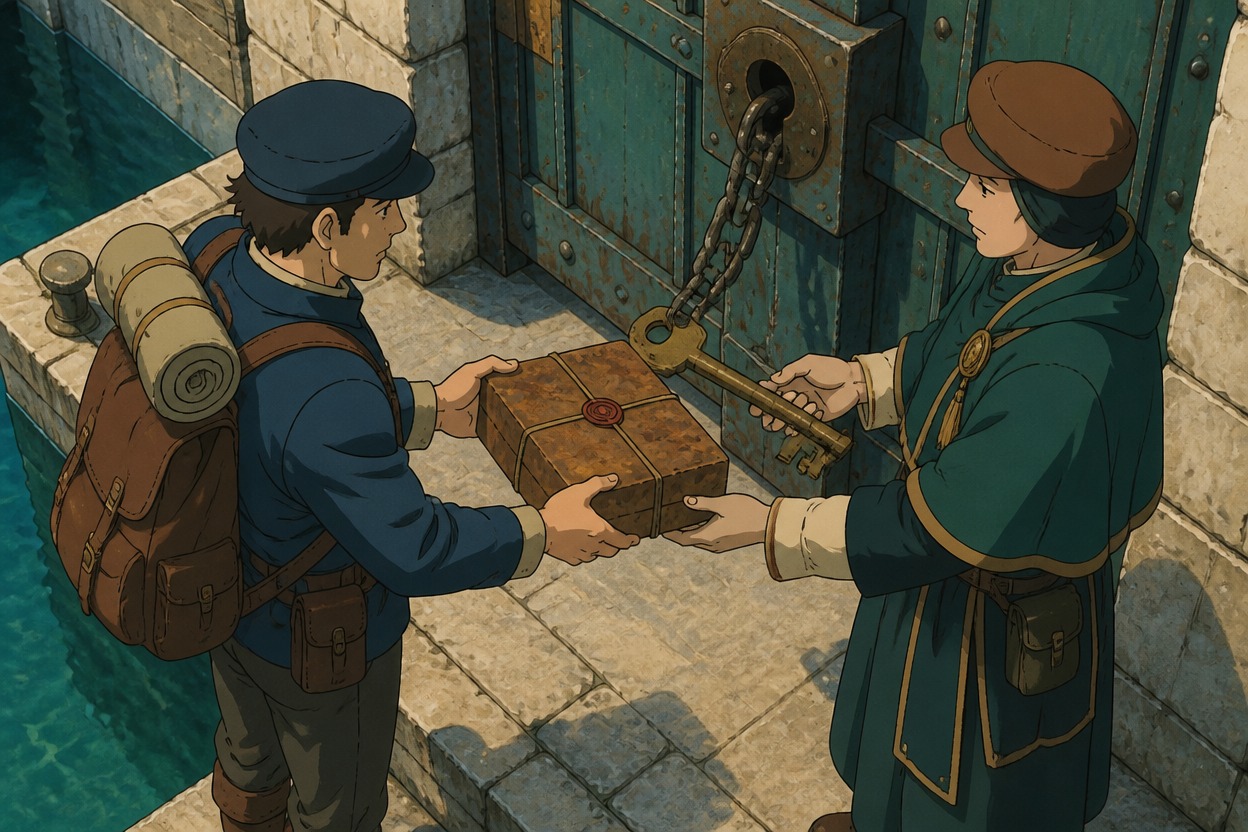 Two anime harbor figures exchanging a sealed parcel beside a chained gate key