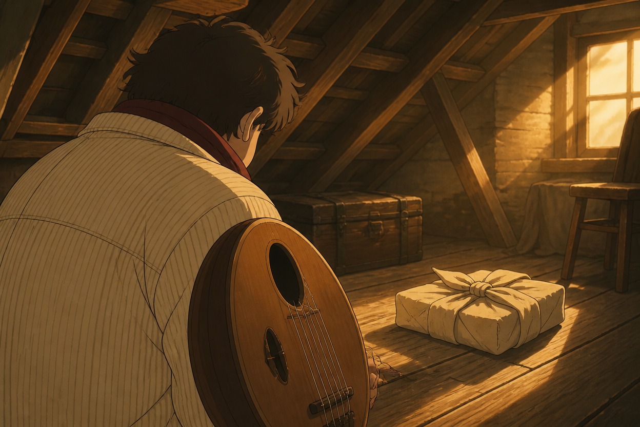Japanese anime musician with an oval string instrument and cloth packet in an attic