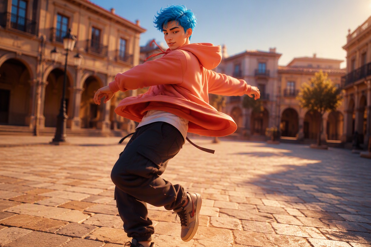 One original anime-inspired young woman with short violet hair and amber jacket in a colorful rooftop garden, subtle dimensional 3D cartoon rendering, lively surprised expression a