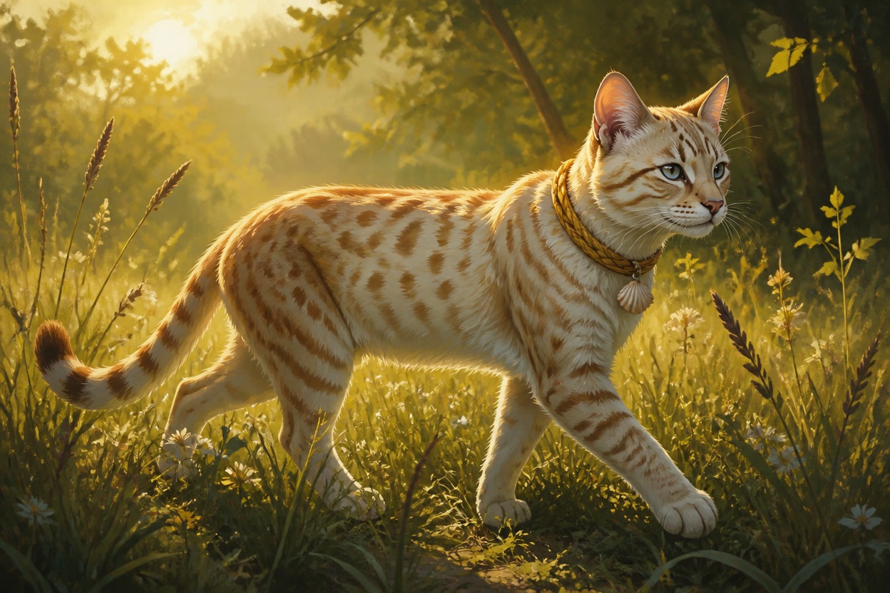 An original cream-and-cinnamon spotted adult cat in sunlit grass