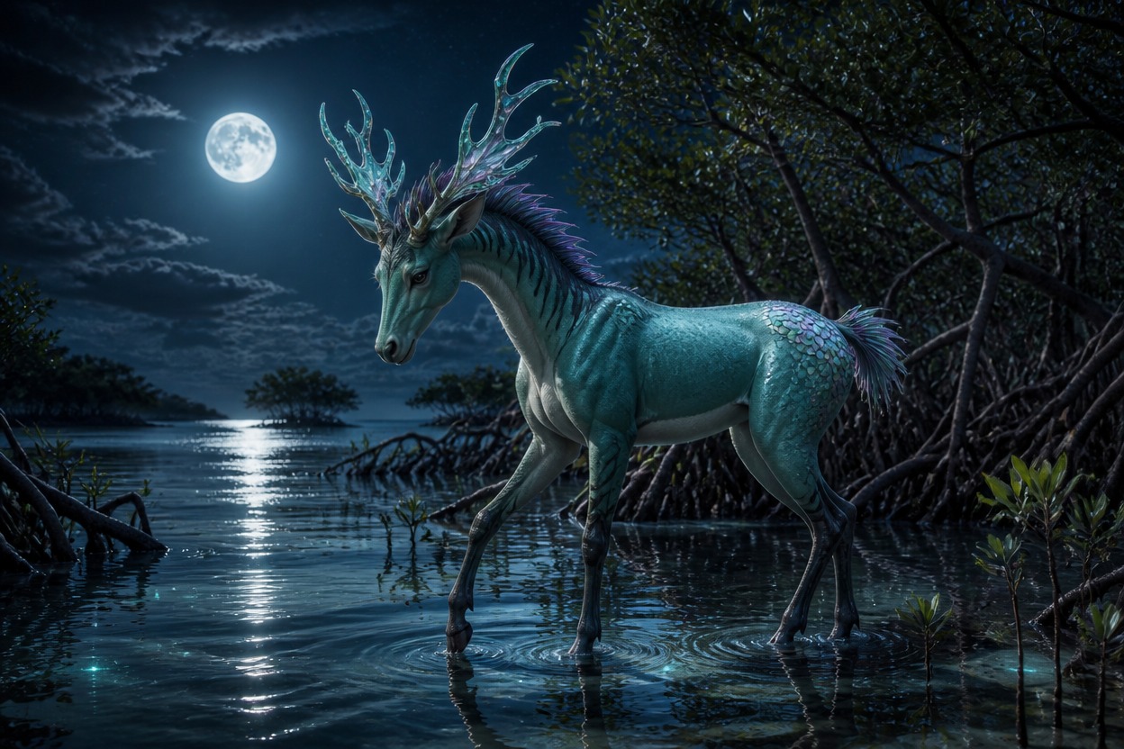 Sea-green okapi-like fantasy kirin with glass antlers and pearl hip scales stepping through moonlit mangrove water