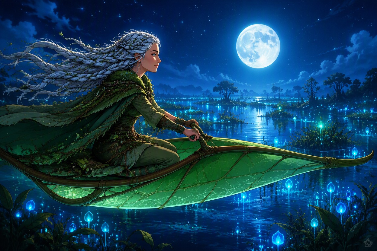 Original moonlit cartoon botanist steering a leaf-shaped glider above luminous wetlands, clean silhouette and coherent character design suited to motion refinement