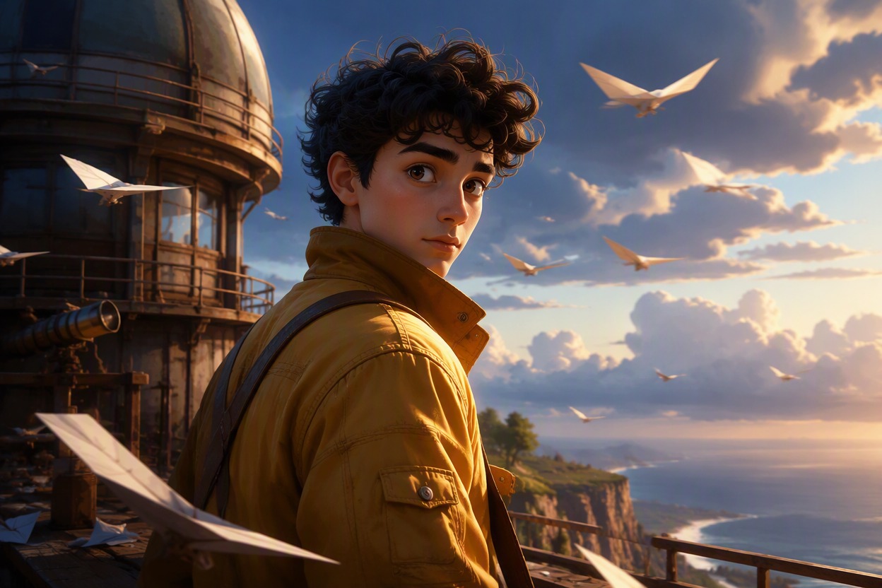 One original anime-inspired young man with dark curls and mustard flight jacket at a quiet cliff observatory, turning toward the camera as paper gliders circle in the wind, strong