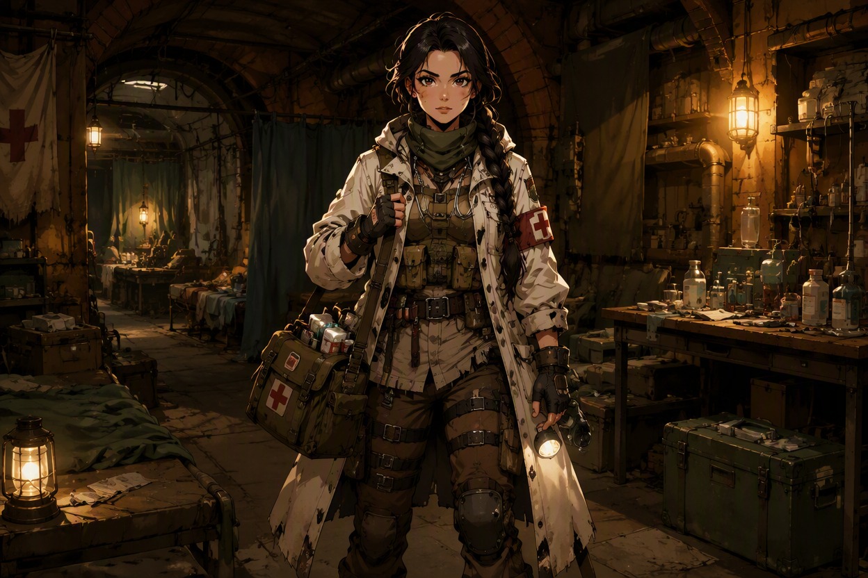 Anime wasteland medic with improvised medical equipment