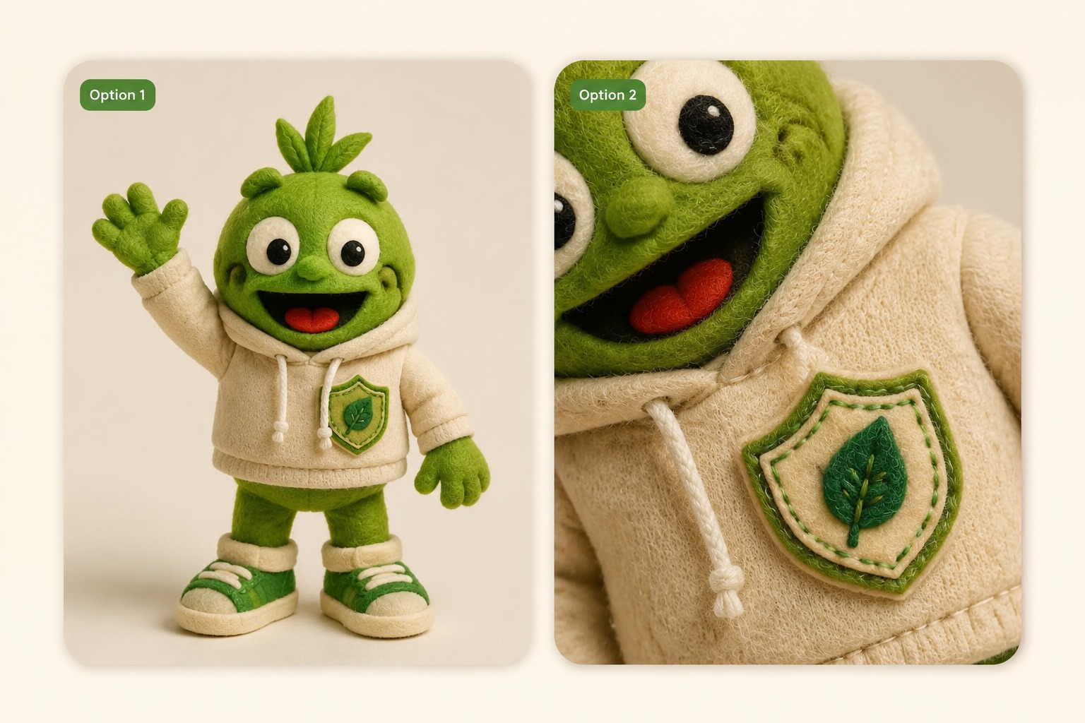 A soft green puppet mascot with hoodie, badge, and simple product pose