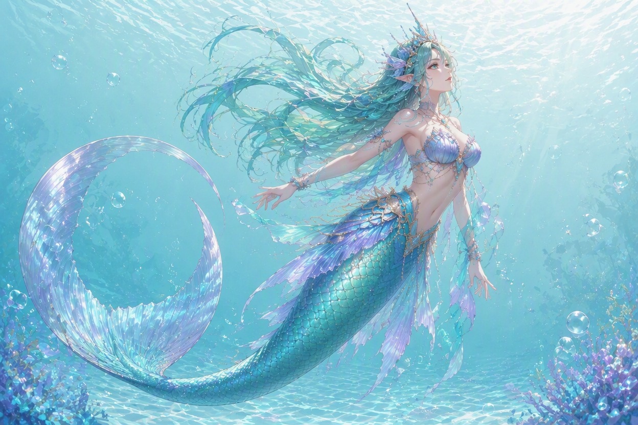 Deep-water mermaid OC with kelp-woven clothing and bioluminescent ornament