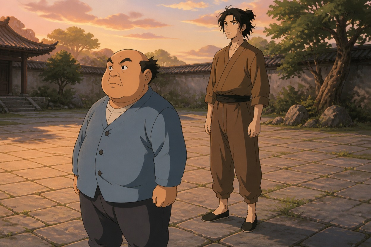 Anime short tutor in a blue cardigan standing ahead of a tall friend