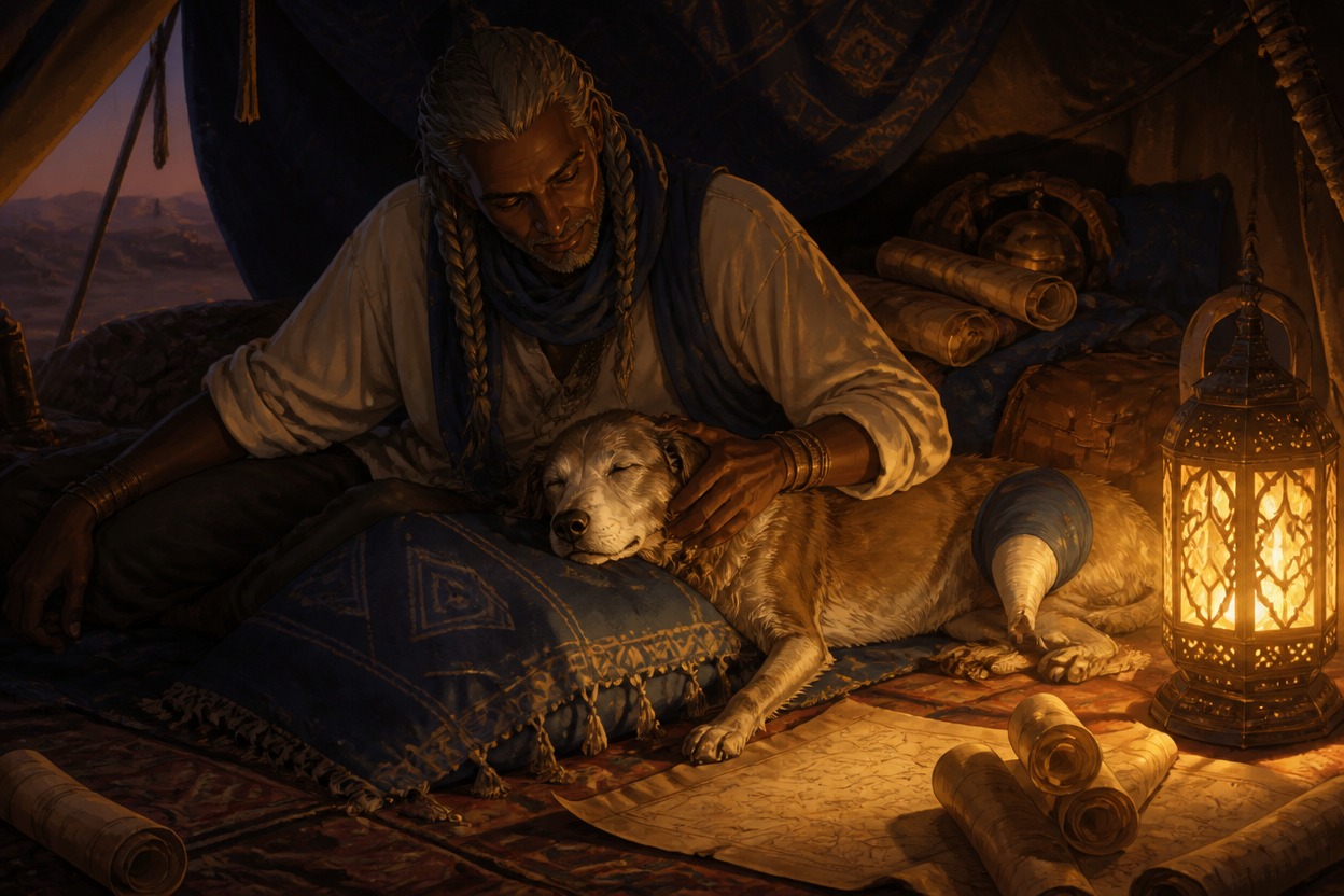 Original adult desert cartographer resting beside an elderly rescue dog under a woven blanket