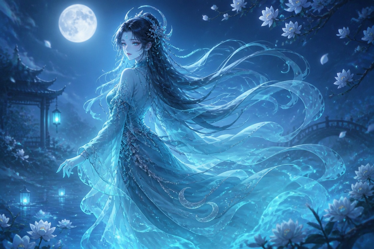 Original moonlit ghost girl OC in a flowing blue dress