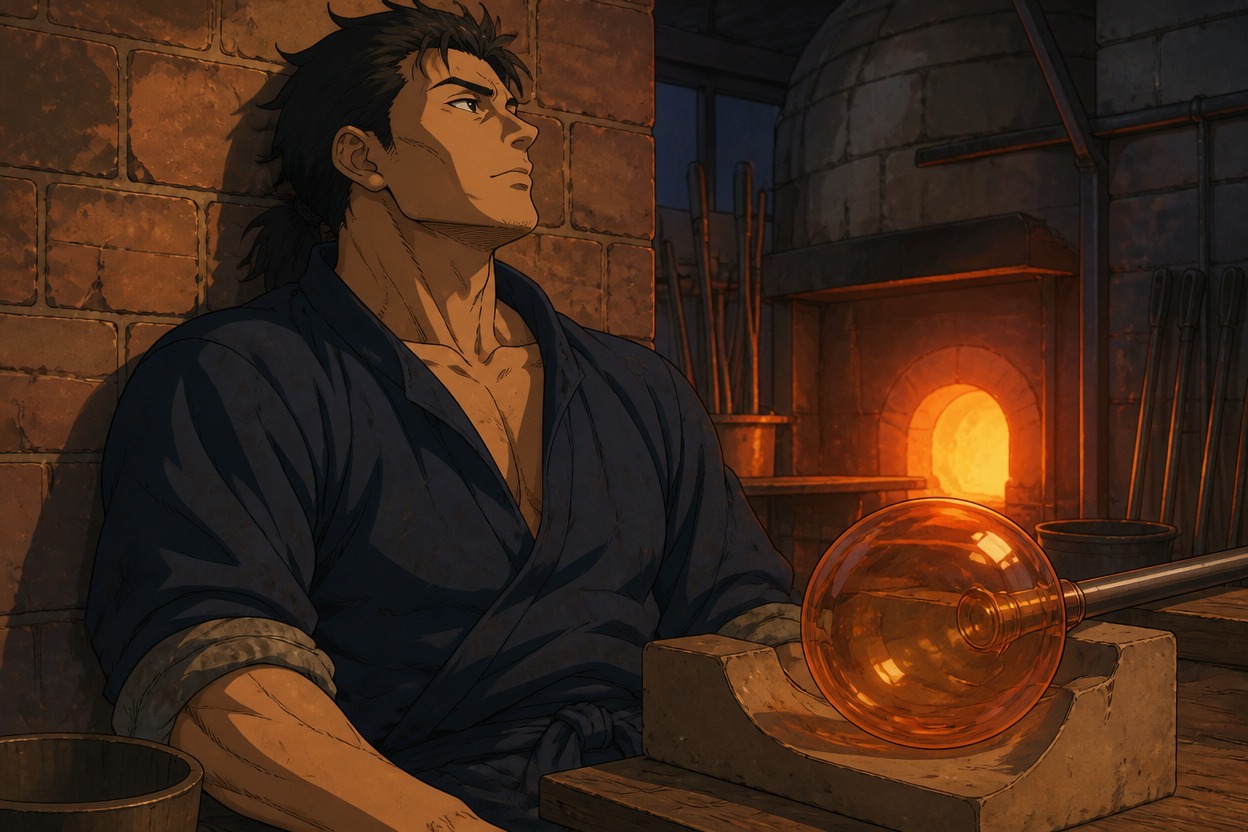 Anime glassblower in a navy shirt beside an amber glass sphere and brick furnace